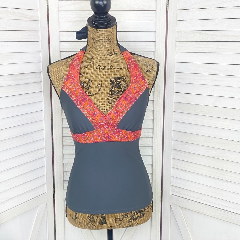 Athleta Ventana Bra Cup Halter Tankini Top Gray Pink Paisley 32‎ D DD